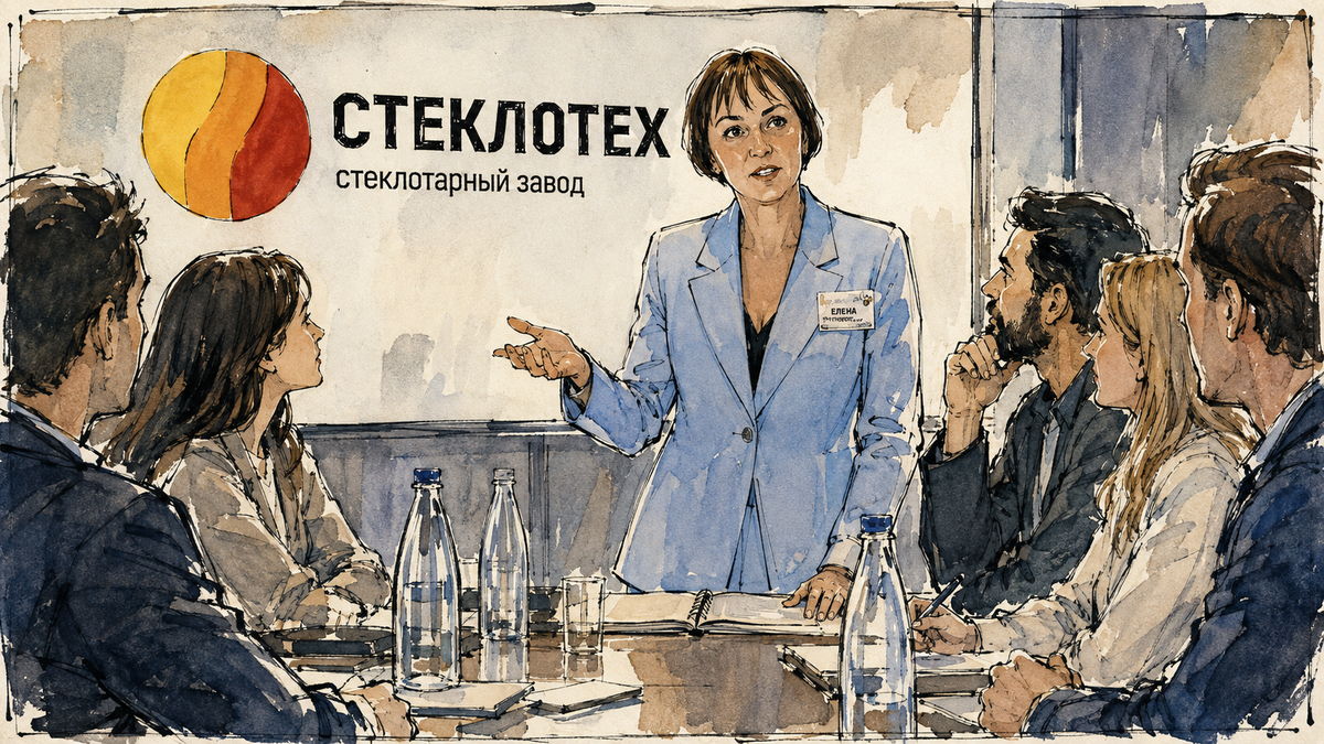 Елена Острягина разбирает ситуацию с командой на совещании завода «Стеклотех»